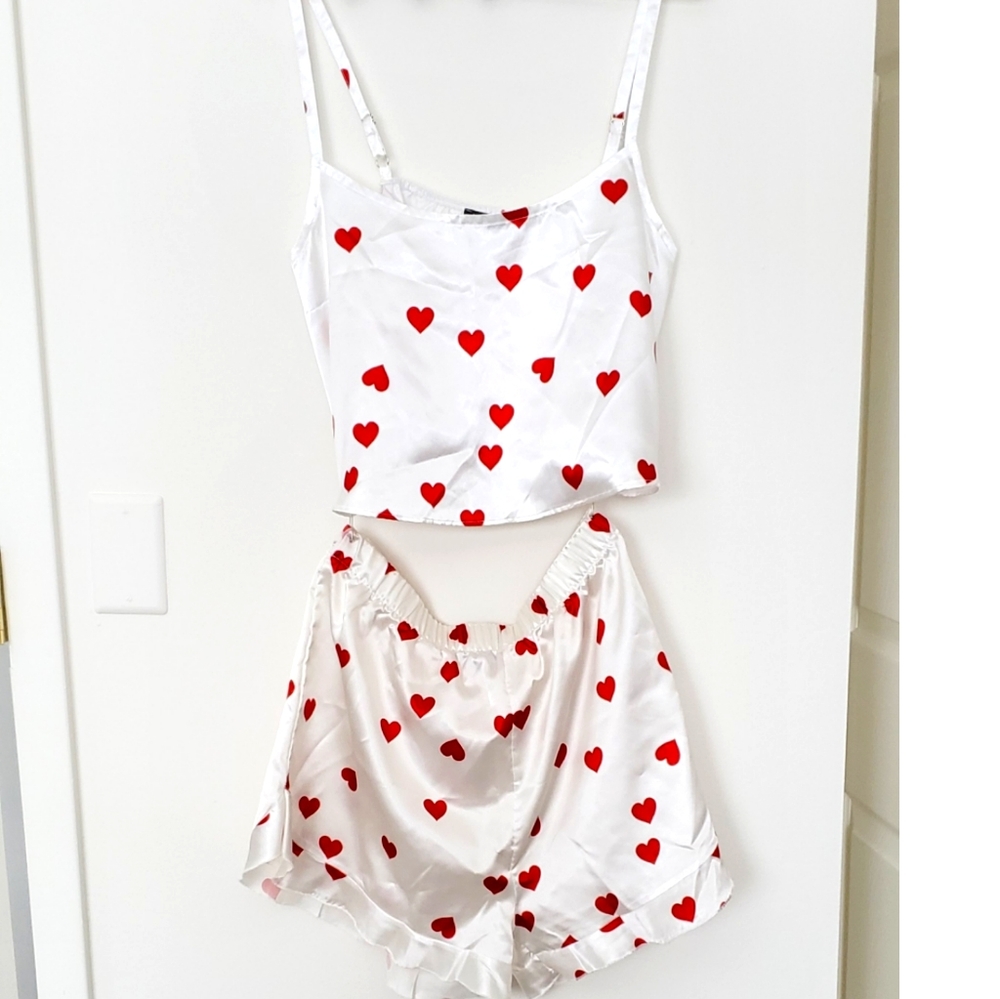 Heart Print Satin Tank & Shorts Set
